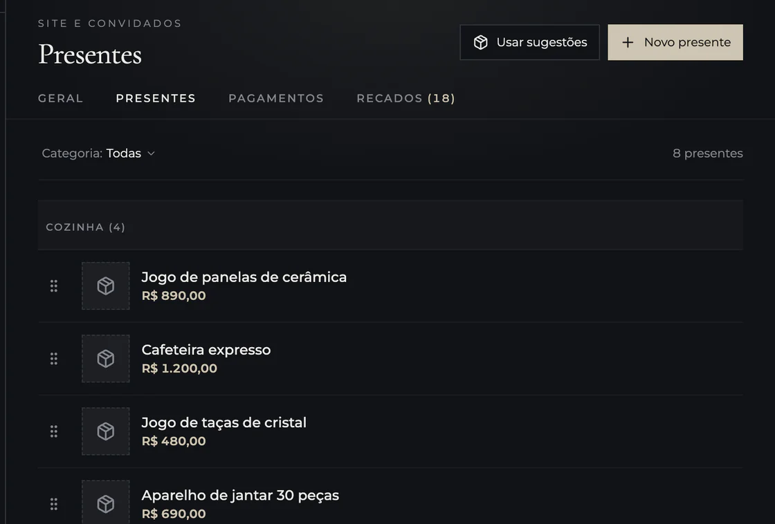 Lista de presentes agrupada por categoria, com o valor de cada presente e sugestões prontas